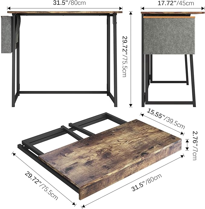 4NM 31.5" Small Desk with Storage Bag, Simple Assembly Folding Computer Desk Home Office Desk Study Writing Table for Small Space Offices - Rustic Brown and Black - LeafyLoom