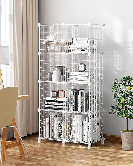 Wolizom Wire Cube Storage, Metal Grids Shelves Bookshelf, Stackable Modular Shelving Organizer, DIY Closet Bookcase Bookshelf, Grid Storage Shelf for Bedroom, Living Room, Office (White, 8 Cube) - LeafyLoom