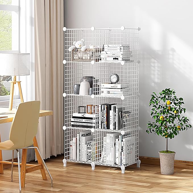 Wolizom Wire Cube Storage, Metal Grids Shelves Bookshelf, Stackable Modular Shelving Organizer, DIY Closet Bookcase Bookshelf, Grid Storage Shelf for Bedroom, Living Room, Office (White, 8 Cube) - LeafyLoom