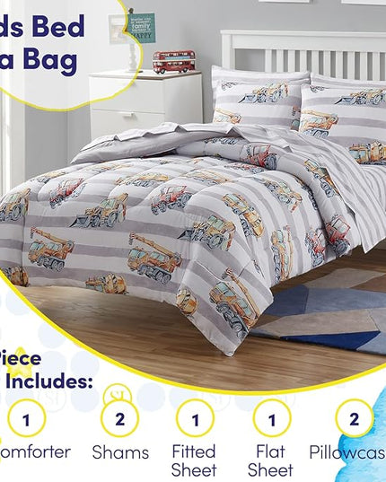 Kids Bedding Set Bed in a Bag for Boys and Girls Toddlers Printed Sheet Set and Comforter , Full, Trucks - LeafyLoom