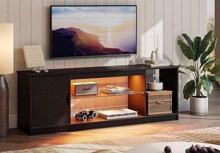 Bestier Led Entertainment Center for PS5, Gaming TV Stand with Cabinet for 60/65 Inch TV, Modern TV Console with Adjustable Glass Shelf for Living Room Easy Assembly Carbon Fiber Black - LeafyLoom