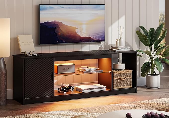 Bestier Led Entertainment Center for PS5, Gaming TV Stand with Cabinet for 60/65 Inch TV, Modern TV Console with Adjustable Glass Shelf for Living Room Easy Assembly Carbon Fiber Black - LeafyLoom