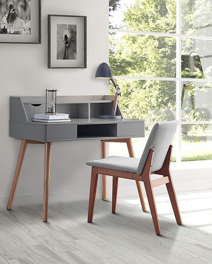 Teamson Home Creativo Writing Study Computer Desk with Solid Wood Legs, Storage Drawers and Open Shelves Hutch for Home Office Living Room Reading Bedroom, 37 inch Height, Gray - LeafyLoom