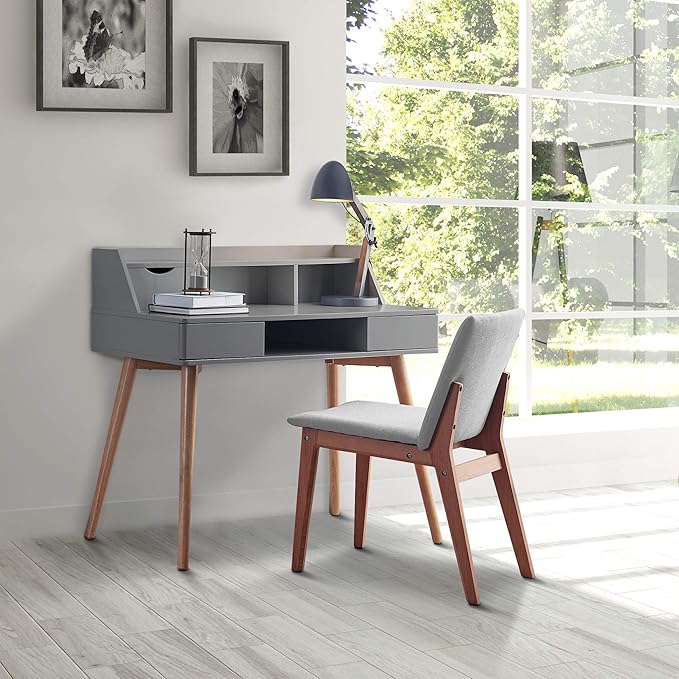 Teamson Home Creativo Writing Study Computer Desk with Solid Wood Legs, Storage Drawers and Open Shelves Hutch for Home Office Living Room Reading Bedroom, 37 inch Height, Gray - LeafyLoom