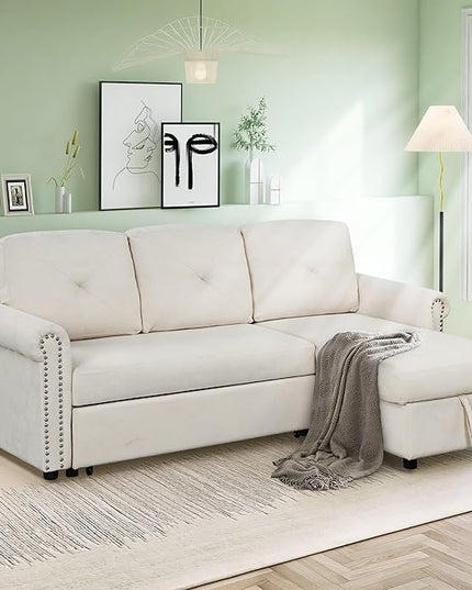 83'' L-Shape Convertible Sleeper Sectional Sofa with Storage Chaise and Pull-Out Bed, Velvet Upholstered Reversible Corner Couch w/Tufted Cushions, for Living Room, Apartment - LeafyLoom