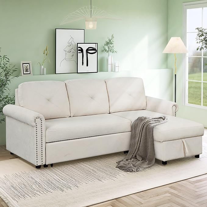 83'' L-Shape Convertible Sleeper Sectional Sofa with Storage Chaise and Pull-Out Bed, Velvet Upholstered Reversible Corner Couch w/Tufted Cushions, for Living Room, Apartment - LeafyLoom