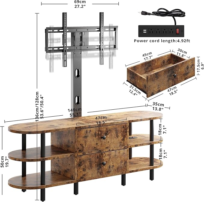 IRONCK TV Stand with Mount and Power Outlet 55", Swivel TV Stand Mount for 75+ inch TV, 3 Tiers TV Console with Drawer and Storage Shelves Entertainment Center - LeafyLoom
