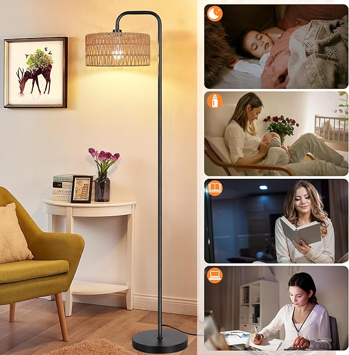 PARTPHONER Farmhouse Floor Lamp, 68''Tall Lamp for Living Room with Remote 3 Color Temperatures Boho Standing Lamp with Rattan Shades for Bedroom Study Room Office Hotel, Bulb Include - LeafyLoom