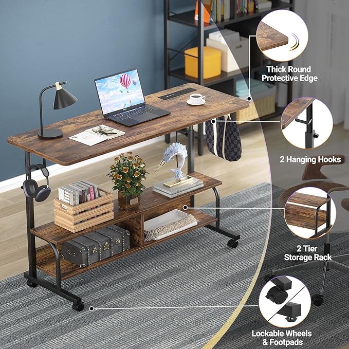 Height Adjustable Standing Desk with Power Outlets, 47" Manual Stand Up Desk with Storage Shelves Small Mobile Rolling Computer Desk Portable Laptop Table with Wheels for Home Office, Rustic - LeafyLoom