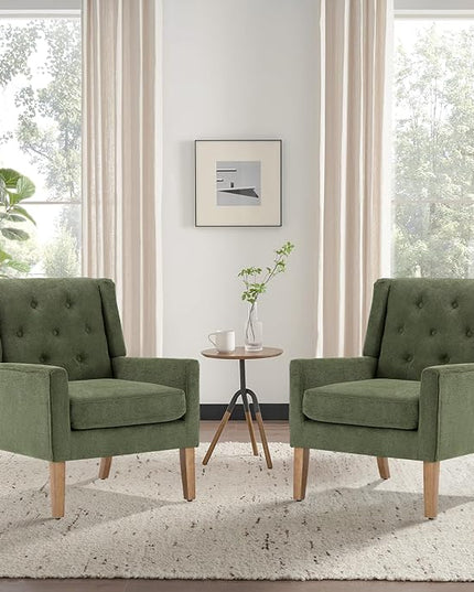COLAMY Mid-Century Accent Chairs, Modern Wingback Living Room Chair, Upholstered Armchair with Button Tufted Back and Wood Legs for Bedroom/Office/Reading Spaces, Green - LeafyLoom