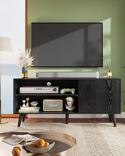 WLIVE Mid-Century Modern TV Stand for 55" TV, Entertainment Center with Storage, Open Shelves TV Console for Living Room and Bedroom, Black - LeafyLoom