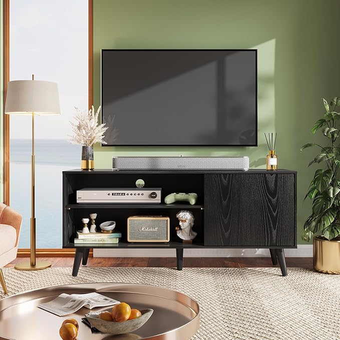 WLIVE Mid-Century Modern TV Stand for 55" TV, Entertainment Center with Storage, Open Shelves TV Console for Living Room and Bedroom, Black - LeafyLoom