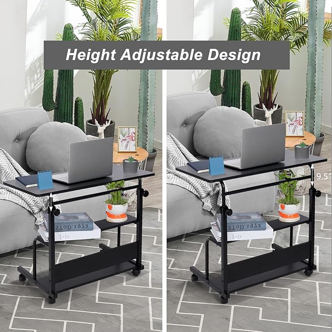 Portable Desk Small Desks for Small Spaces Laptop Table Black Rolling Adjustable Desk on Wheels Mobile Couch Desk for Bedroom Home Office Computer Standing Desk Student Desk with Storage 32x16 Inch - LeafyLoom