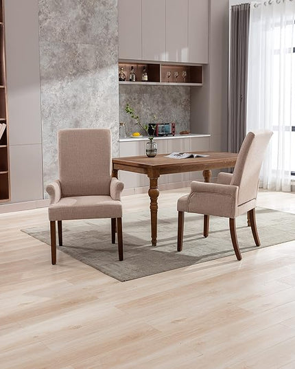 Dining Room Chairs with Arms,Tufted Upholstered High Back Nailed Trim with Untique Oak Wood Legs for Kitchen Restaurant Room Bedroom (Ivory Brown, SingleA) - LeafyLoom