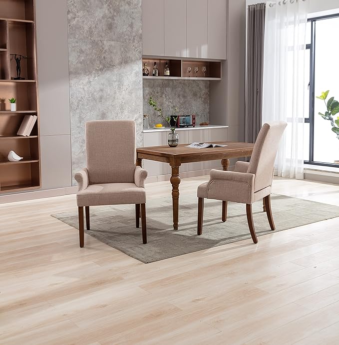 Dining Room Chairs with Arms,Tufted Upholstered High Back Nailed Trim with Untique Oak Wood Legs for Kitchen Restaurant Room Bedroom (Ivory Brown, SingleA) - LeafyLoom