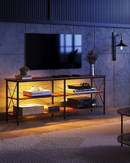 WLIVE TV Stand up to 70 Inch TV, 63" Entertainment Center with LED, TV Media Console with 3-Tier Storage Shelves for Living Room and Bedroom, Rustic Brown - LeafyLoom