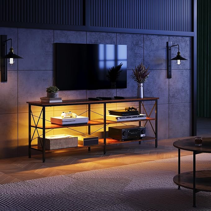 WLIVE TV Stand up to 70 Inch TV, 63" Entertainment Center with LED, TV Media Console with 3-Tier Storage Shelves for Living Room and Bedroom, Rustic Brown - LeafyLoom
