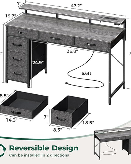 Gaming Desk with 6 Drawers, Computer Desk with LED Lights Power Outlets and Type-C, 47 Inch Office Desk with Storage, Monitor Stand, Writing Desk Work Desk for Home Office, Bedroom, Study, Grey - LeafyLoom