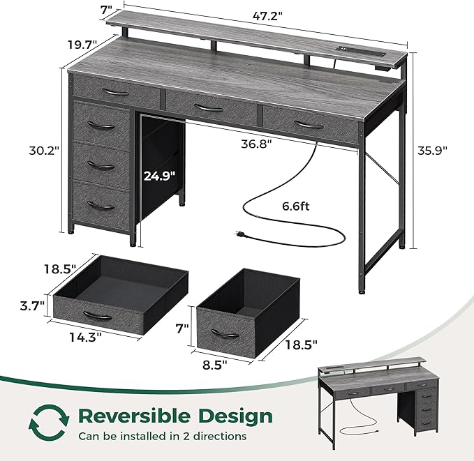 Gaming Desk with 6 Drawers, Computer Desk with LED Lights Power Outlets and Type-C, 47 Inch Office Desk with Storage, Monitor Stand, Writing Desk Work Desk for Home Office, Bedroom, Study, Grey - LeafyLoom
