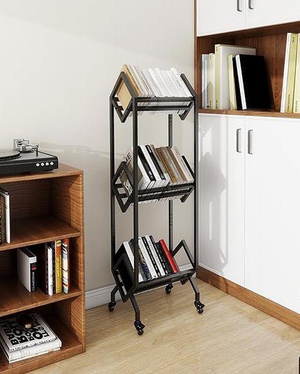 Bookshelf Book Cart Rack Industrial Metal Bookcase 3 Tier Holder with Wheels Modern Stylish Design Magazines Files Album Recipe Book Storage Organizer for Sofa End Bed Beside (3 Tier) - LeafyLoom