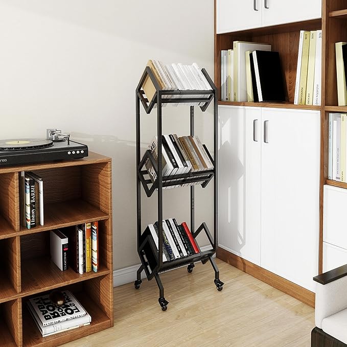 Bookshelf Book Cart Rack Industrial Metal Bookcase 3 Tier Holder with Wheels Modern Stylish Design Magazines Files Album Recipe Book Storage Organizer for Sofa End Bed Beside (3 Tier) - LeafyLoom