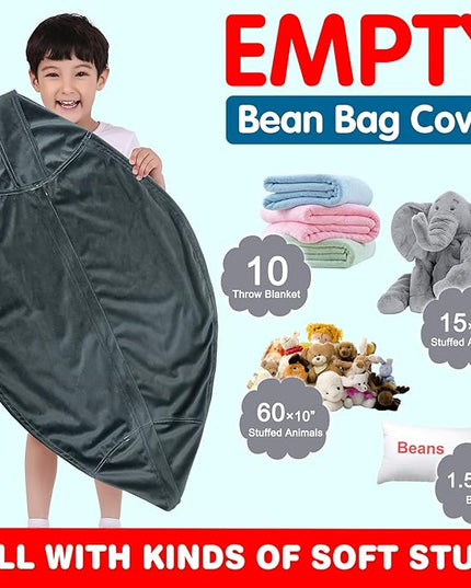 Lukeight Stuffed Animal Storage Bean Bag Chair Cover for Kids, Zipper Beanbag Chair Cover for Organizing Toddler & Kids' Rooms Plush Toys (Dark Gray Velvet, Large) - LeafyLoom