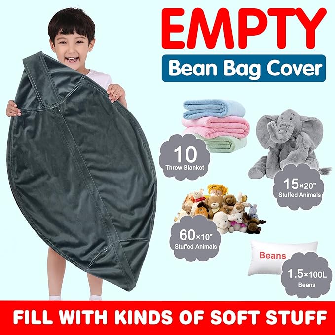 Lukeight Stuffed Animal Storage Bean Bag Chair Cover for Kids, Zipper Beanbag Chair Cover for Organizing Toddler & Kids' Rooms Plush Toys (Dark Gray Velvet, Large) - LeafyLoom