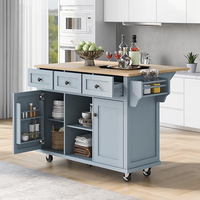Kitchen Island with Drop-Leaf Countertop, Kitchen-Cart on Five Universal Wheels w/Open Shelves, Storage Cabinet and Three Drawers, Large Rubberwood Top Breakfast Bar for Dining Room - LeafyLoom