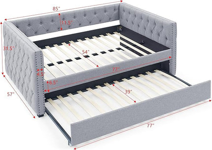 Linen Upholstered Full Size Daybed with Twin Trundle, Solid Wooden Bed Frame w/Button Tufted and Copper Nail on Square Arms, No Spring Box Need, for Kids, Bedroom, Dorm - LeafyLoom