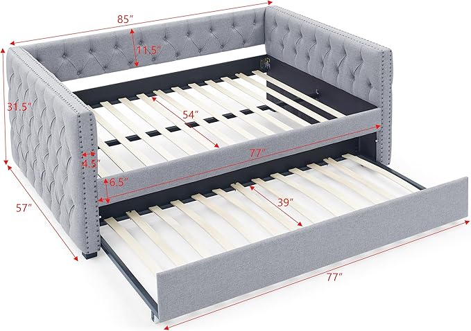 Linen Upholstered Full Size Daybed with Twin Trundle, Solid Wooden Bed Frame w/Button Tufted and Copper Nail on Square Arms, No Spring Box Need, for Kids, Bedroom, Dorm - LeafyLoom