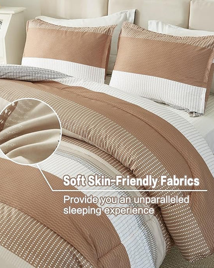 Litanika Beige King Size Comforter Set - 3 Pieces Lightweight Taupe Khaki White Colorblock Stripe Fluffy Bedding Comforter Sets, All Season Bed Set - LeafyLoom