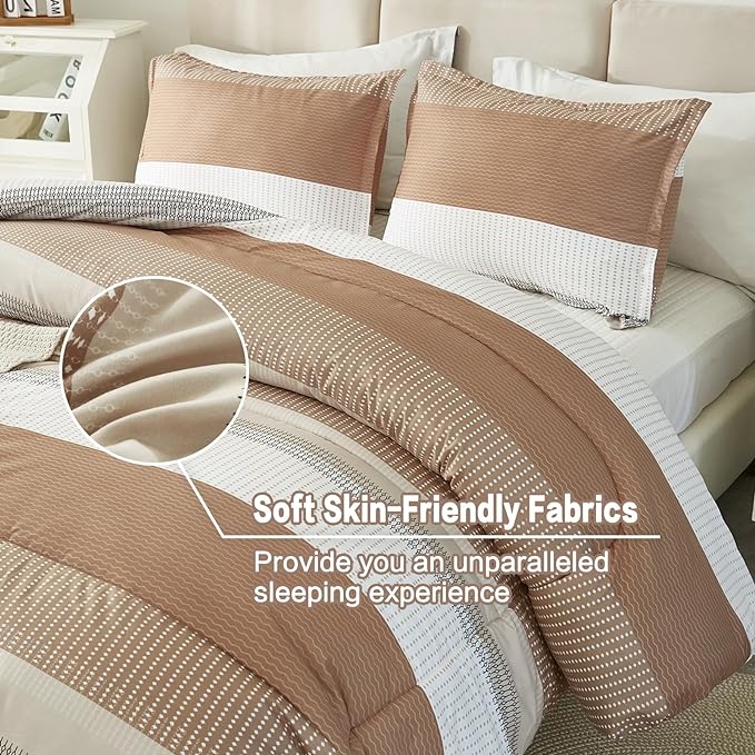 Litanika Beige California King Comforter Set, 3 Pieces Cal King Lightweight Taupe Khaki White Colorblock Stripe Bedding Comforter Sets, Fluffy Bed Set - LeafyLoom