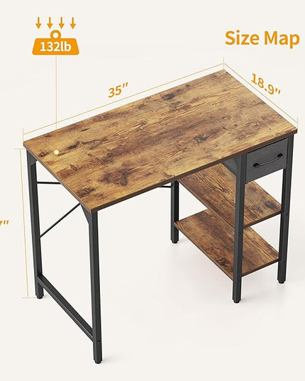 CubiCubi Computer Desk, 35 Inch Small Home Office Desk with Drawer Storage Shelves for Small Space, Writing Study Desk, Rustic Brown - LeafyLoom