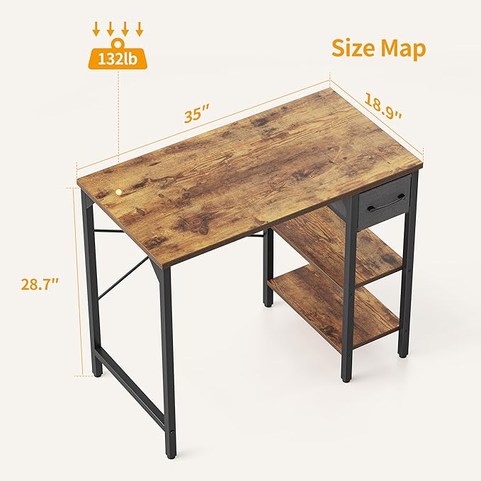 CubiCubi Computer Desk, 35 Inch Small Home Office Desk with Drawer Storage Shelves for Small Space, Writing Study Desk, Rustic Brown - LeafyLoom