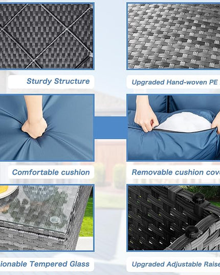 Shintenchi 5 Pieces Outdoor Patio Sectional Sofa Couch, Silver Gray PE Wicker Furniture Conversation Sets with Washable Cushions & Glass Coffee Table for Garden, Poolside, Backyard (Aegean Blue) - LeafyLoom