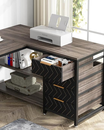 59-Inch L Shaped Desk with Drawers, Large Computer Desk with Storage Shelves, Reversible L-Shaped Corner Desk Workstation for Home Office - LeafyLoom