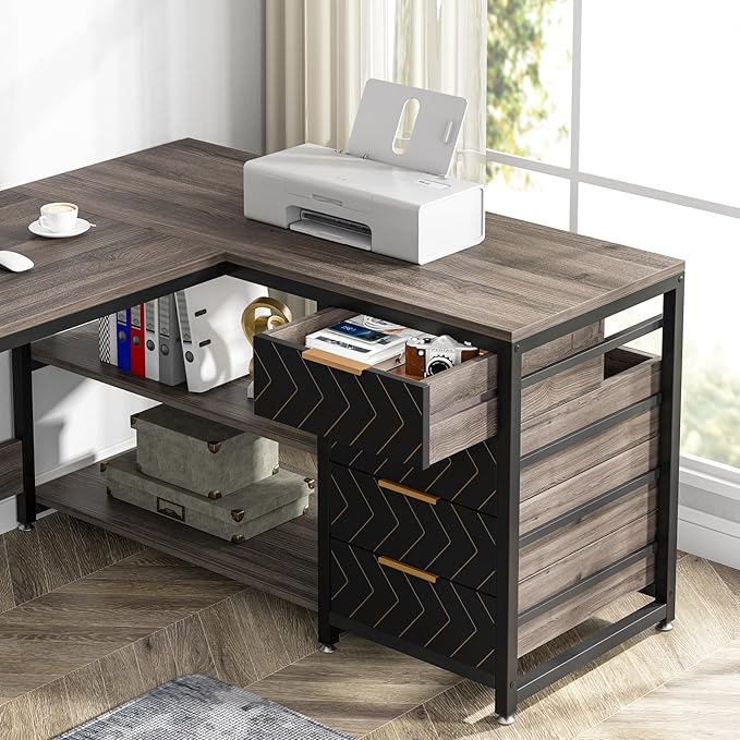 59-Inch L Shaped Desk with Drawers, Large Computer Desk with Storage Shelves, Reversible L-Shaped Corner Desk Workstation for Home Office - LeafyLoom