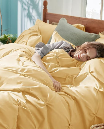 Bedsure Yellow Queen Comforter Set - Bed in a Bag Queen 7 Pieces, Pintuck Beddding Sets Yellow Bed Set with Comforter, Sheets, Pillowcases & Shams - LeafyLoom