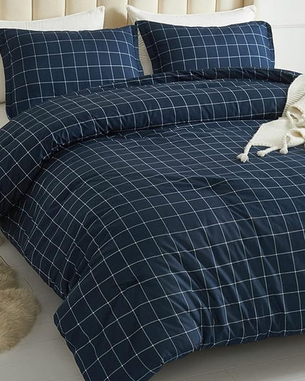 Andency Navy Grid Comforter Set King Size (104x90 Inch), 3 Pieces(1 Grid Comforter and 2 Pillowcases), Summer Lightweight Microfiber Down Alternative Navy Comforter with White Lines - LeafyLoom