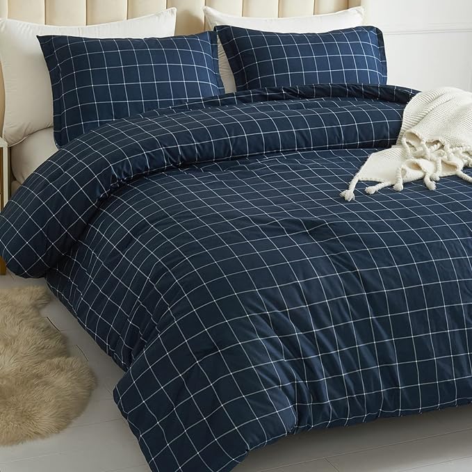 Andency Navy Grid Comforter Set Full Size (79x90 Inch), 3 Pieces(1 Grid Comforter and 2 Pillowcases), Summer Lightweight Microfiber Down Alternative Navy Comforter with White Lines - LeafyLoom