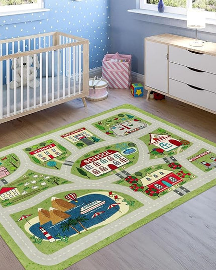 LIVEBOX Green Kids Rug for Playroom, 4'x6' Washable Road Rug for Boys Room, Non-Slip Soft Car Rug for Baby Nursery, Large Kids Floor Mats for Boys Girls Dorm Toy Room Tent - LeafyLoom