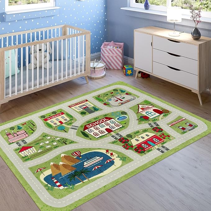LIVEBOX Green Kids Rug for Playroom, 4'x6' Washable Road Rug for Boys Room, Non-Slip Soft Car Rug for Baby Nursery, Large Kids Floor Mats for Boys Girls Dorm Toy Room Tent - LeafyLoom
