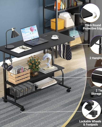 Height Adjustable Standing Desk with Power Outlets, 32" Manual Stand Up Desk with Storage Shelves Small Mobile Rolling Computer Desk Portable Laptop Table with Wheels for Home Office, Black - LeafyLoom