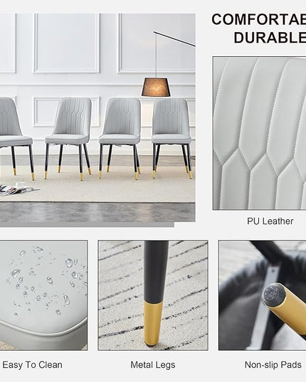 Modern Set of 4, Faux Leather Dining PU Upholstered Kitchen Chair with Black Golden Metal Legs for Home Living Room, Restaurant, 4 Piece, Light Gray - LeafyLoom