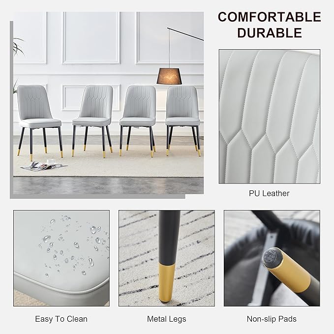 Modern Dining Chairs Set of 4, Faux Leather Dining Room Chairs PU Upholstered Gray Kitchen Chair with Black Golden Metal Legs for Home Living Room, Restaurant - LeafyLoom