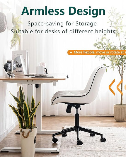 YOUNUOKE Comfortable Desk Chair, Home Office Chairs with Wheels, Armless Samll Comfy Vanity Chairs, PU Leather Computer Task Work Desk Chairs, White - LeafyLoom