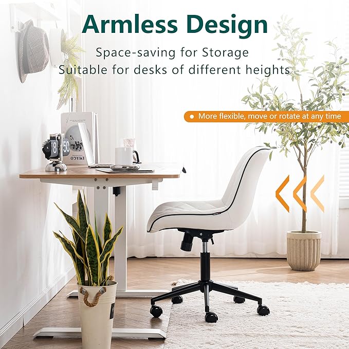 YOUNUOKE Comfortable Desk Chair, Home Office Chairs with Wheels, Armless Samll Comfy Vanity Chairs, PU Leather Computer Task Work Desk Chairs, White - LeafyLoom