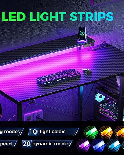 MOTPK Gaming Desk with Led Lights & Power Outlet, 40 Inch Small Gaming Computer Desk with Shelves, Reversible Gamer Desk Table with Adjustable Monitor Stand & Headphone Hook, Carbon Fiber Texture - LeafyLoom