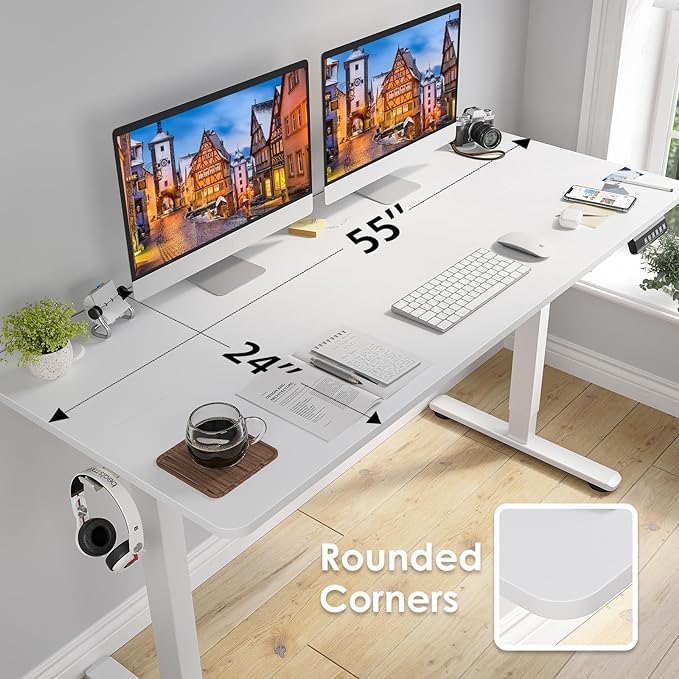 STARY Electric Adjustable Height Sit Stand Home Office Desk with Splice Board, 55x24, White Desktop/White Frame - LeafyLoom