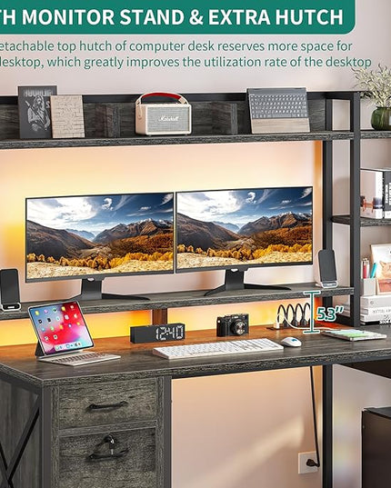 DWVO Computer Desk with Drawers & Hutch, 59.1" Office Desk with Power Outlets & LED Lights, Home Office Desk with Storage Shelves, Grey - LeafyLoom